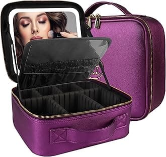 MOMIRA Travel Makeup Bag Cosmetic Bag Makeup Organizer Bag with Lighted Mirror, Adjustable Brightness in 3 Color Scenarios, Waterproof Makeup Train Case, Gift for Women, Z-Brilliant Purple, Small