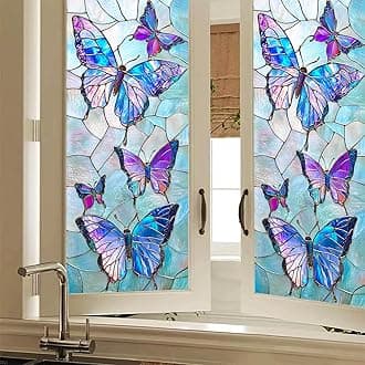 Stained Glass Butterfly Window Film Floral Window Privacy Film Glass Privacy Decals Living Room Sun Blocking Decor Removable Static Cling Stickers 17.71x39.97 inch