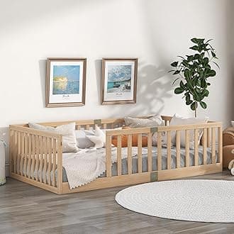 Tatub Twin Montessori Floor Bed with High Rails, Solid Wood Montessori Bed Frame for Kids, Entry Can Install Left and Right, Twin-Nature