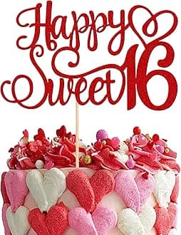 1 PCS Happy Sweet 16 Cake Topper Glitter 16th Birthday Cake Pick Cheers to 16 Years Birthday Cake Decoration for Happy 16th Birthday Anniversary Party Decorations Supplies Red