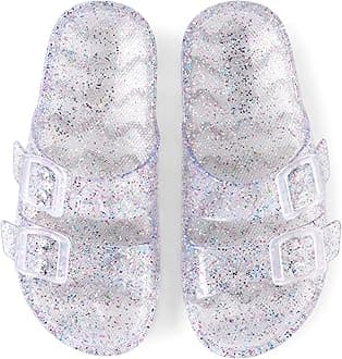Girls Double Buckle Slip On Slide Sandals, White Paint Splatter