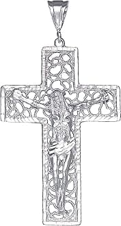 Large Sterling Silver Cross with Jesus Pendant Necklace with Diamond Cut Finish