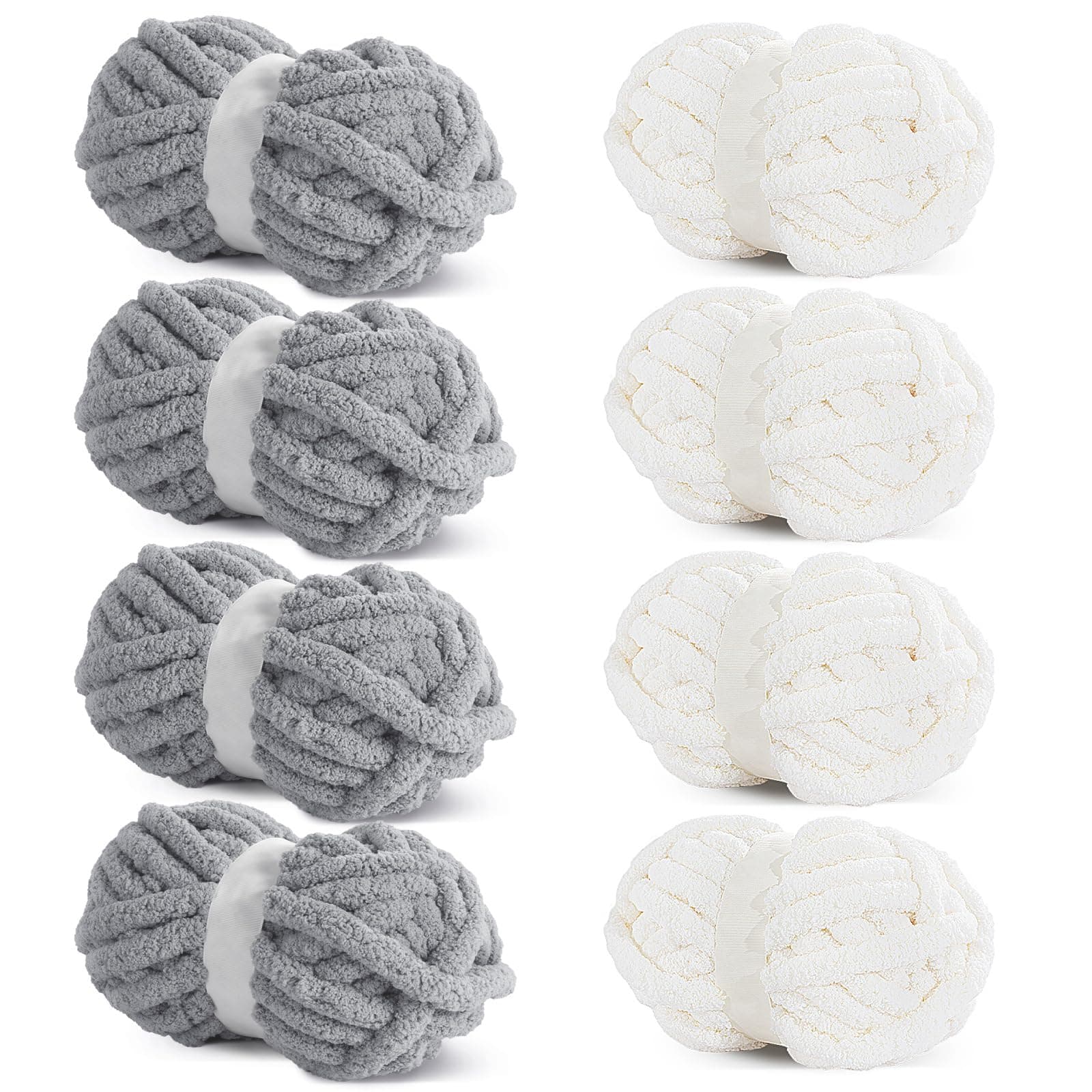 HOMBYS 8 Pack Assorted Chunky Yarn for Crocheting,Super Bulky Large Soft Fluffy Yarn,Plush Fuzzy Yarn,Thick Chenille Yarn for Hand Knitting/Arm Knitting,4 White & 4 Light Grey(27yds,8 oz Each Skein)