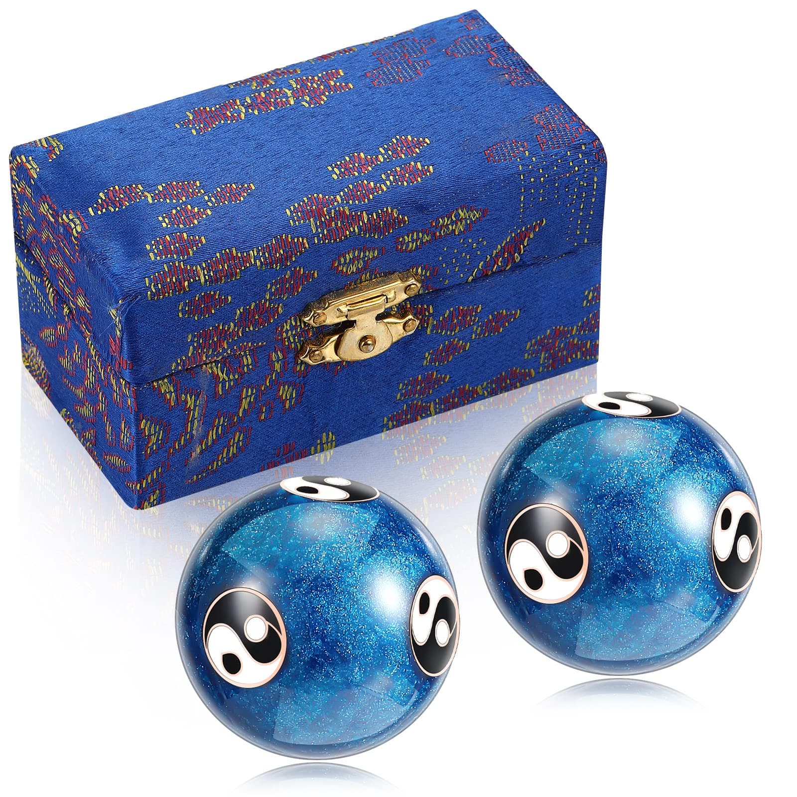 Hiboom 2 Pcs Baoding Balls Chinese Health Massage Exercise Stress Balls for Adults with Gift Box 1.46 Inches Hand Relief Exercise Ball Yin Yang Design Natural Enamel Cloisonne Craft (Blue)