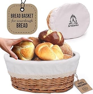 Handmade Wicker Bread Basket for Serving Sourdough Bread and Pastires with Removable Liner and Cover Bread Storage Container and Fruit Basket