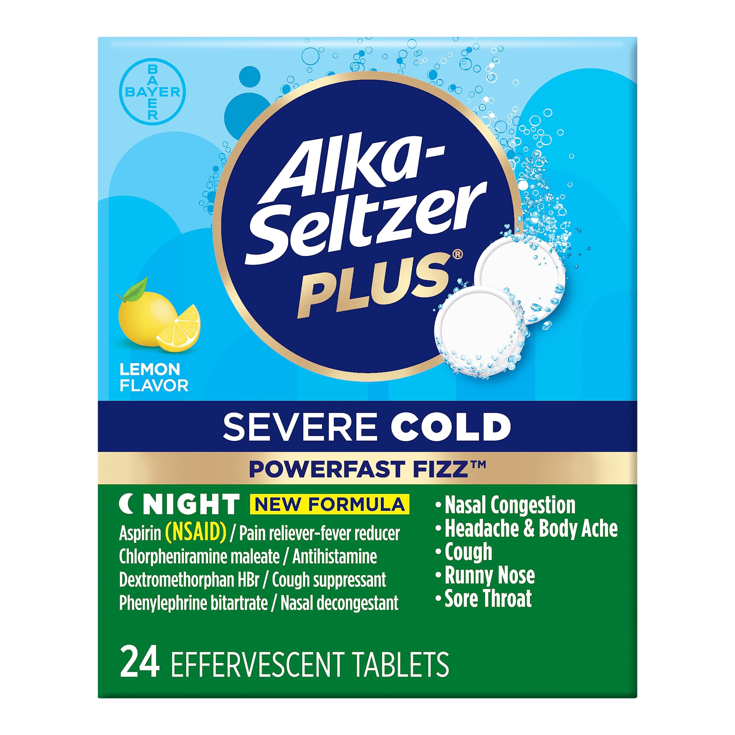 Severe Cold PowerFast Fizz Effervescent Tablets, Nighttime Cold Symptom Relief, 24 Count