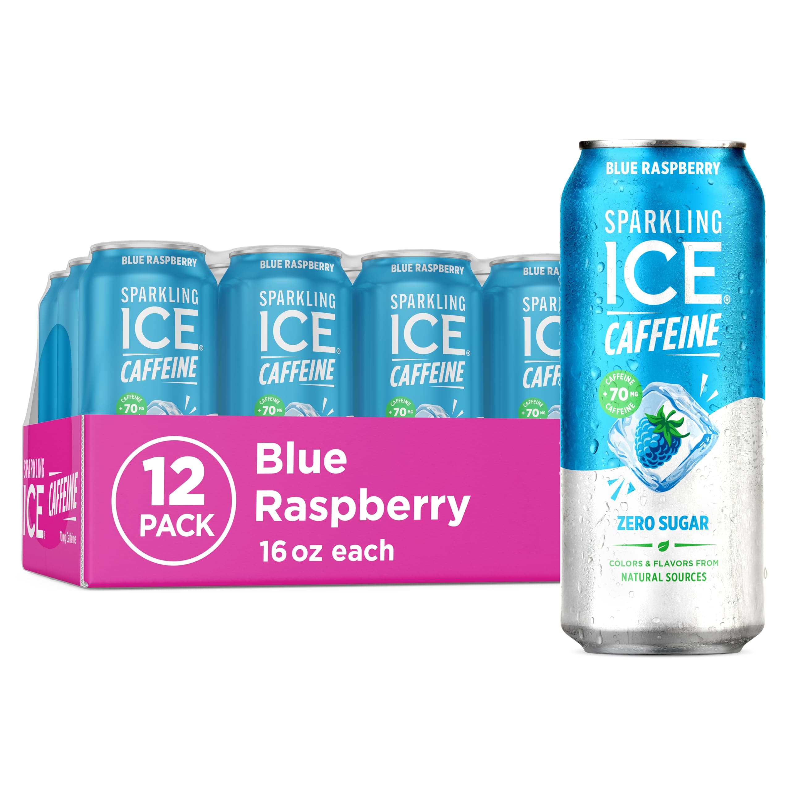 Sparkling Ice +Caffeine Blue Raspberry Sparkling Water, with Antioxidants and Vitamins, Zero Sugar, 16 Fl Oz (Pack of 12)