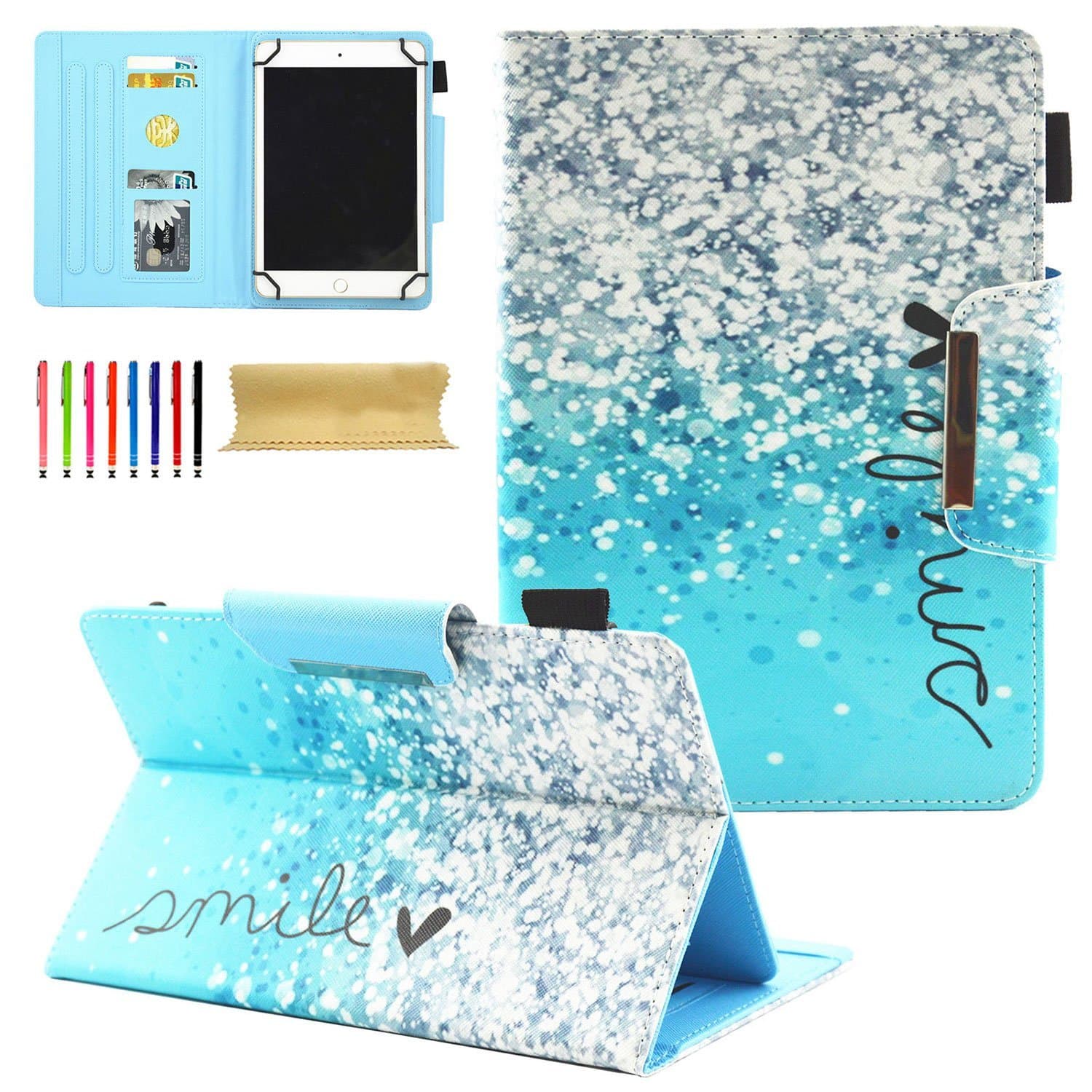 9.5-10.5 inch Universal iPad Case, Cookk Slim Multi-Angle PU Leather Magnetic Closure Case Cover [Cards/Money Slots] Flip Stand Wallet Case for All 9.5-10.5 inch Tablet, Blue Glitter Bubbles