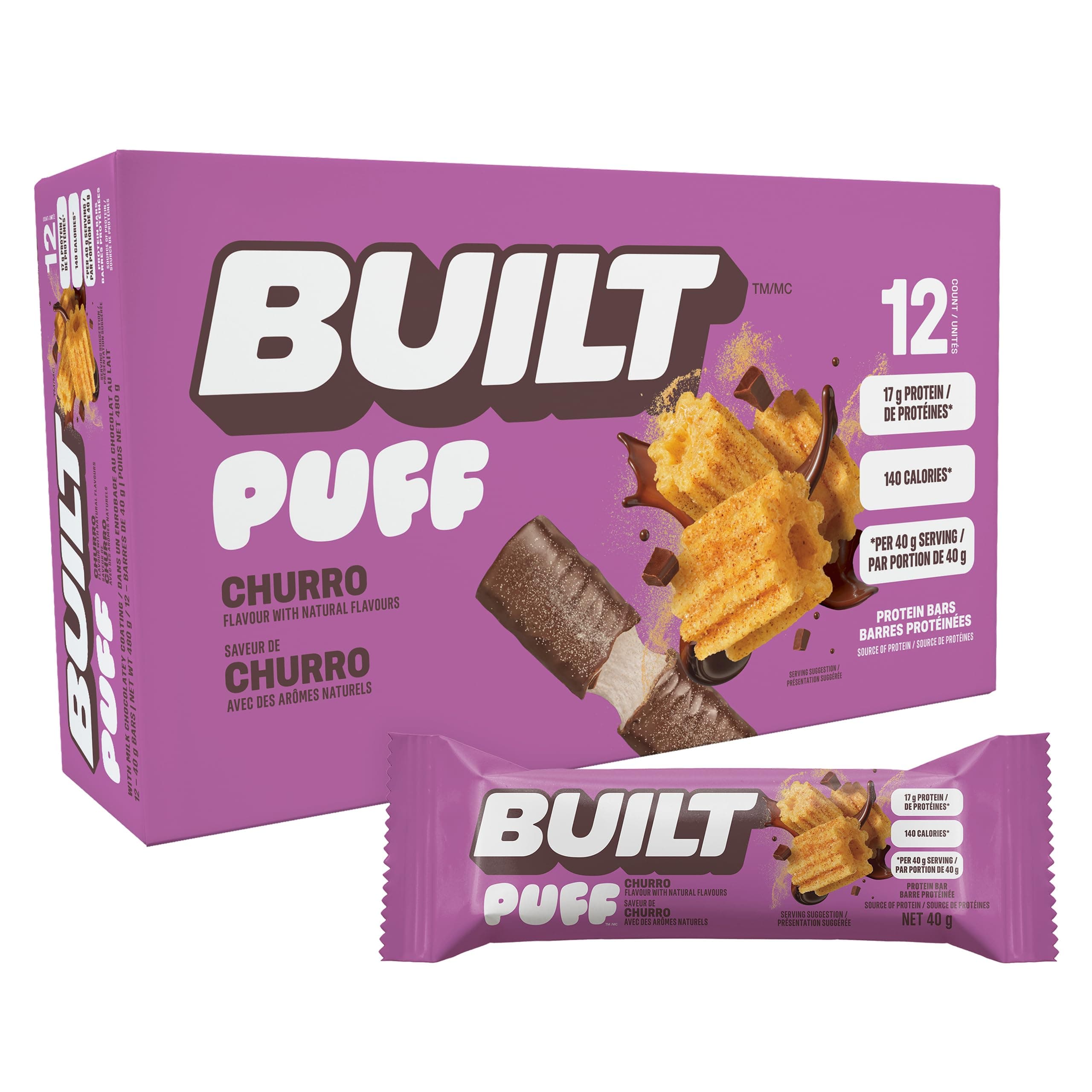 BUILT Bar Puff Protein Bars - Churro - 17g Protein Snack Bars with Collagen - Calorie Conscious & Gluten Free - 12 Count
