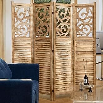 Svimi Room Divider Wood Carved Wall Divider Indoor Folding Portable Partition Screen for Home Office Garden Terrace - 4 Panel, 67 * 60inch (Wood)