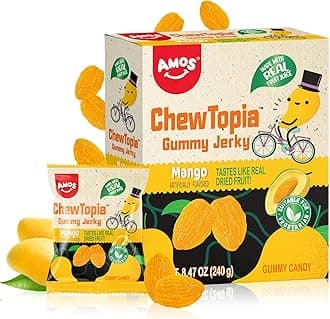 Amos ChewTopia Mango Gummy Jerky – Vegan Chewy Fruit Snack, Tastes Like Real Dried Mango, Soft & Chewy Gummy Candy, 8.47oz Box (Approx. 9 Shareable Packs)