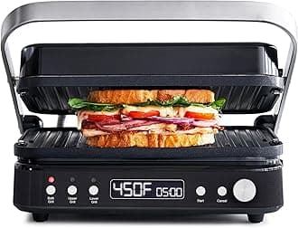 6-in-1 Multifunction Removable Plate Indoor Grill & Electric Griddle, Diamond Infused PFAS Free Ceramic Nonstick Reversible Plates, Opens Flat, Adjustable Temp, Panini Press, Black