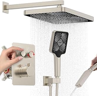 Iriber Thermostatic Shower System Wall Mount with Adjustable Water Flow Push Button Diverter,13 Inch Nickel Rectangle Rainfall Shower Head and Handheld,Brushed Nickel
