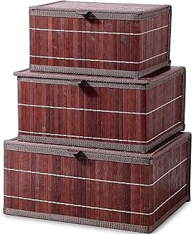 Bamboo Decorative Storage Boxes - Set of 3 Woven Lined Storage Basket with Lids, Retro Brown Wicker Lidded Baskets for Home Kitchen Shelf Organizer Decor