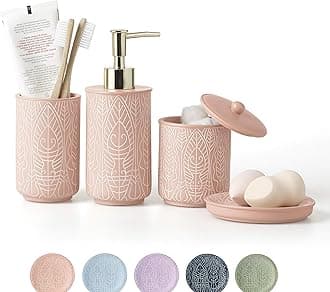 Premium Coral Pink Bathroom Accessories Set. Bathroom Set. Bathroom Decor. Accesorios para Baños. New Apartment Essentials. Toothbrush Holder and Soap Dispenser.