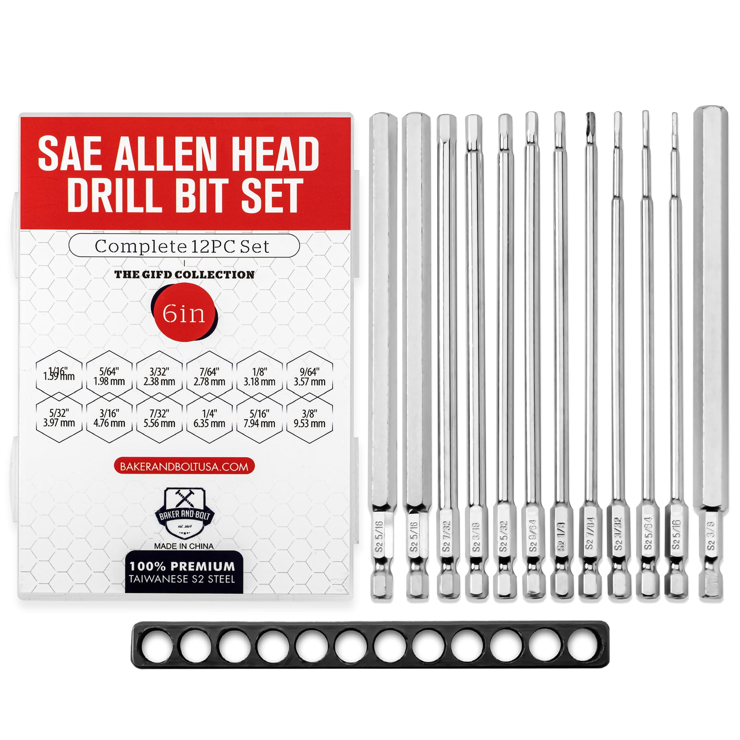 Baker and Bolt 12-Piece 6" Long Hex Head Allen Wrench Drill Bit Set – Impact Ready, S2 Steel, SAE, 1/4" Hex Bit Set with Storage Case