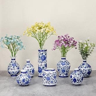 Dandat 8 Pcs Mini Chinoiserie Bud Vases Ceramic Blue and White Floral Chinese Porcelain Vase Set for Shelf Table Centerpieces Home Decor(Vintage)
