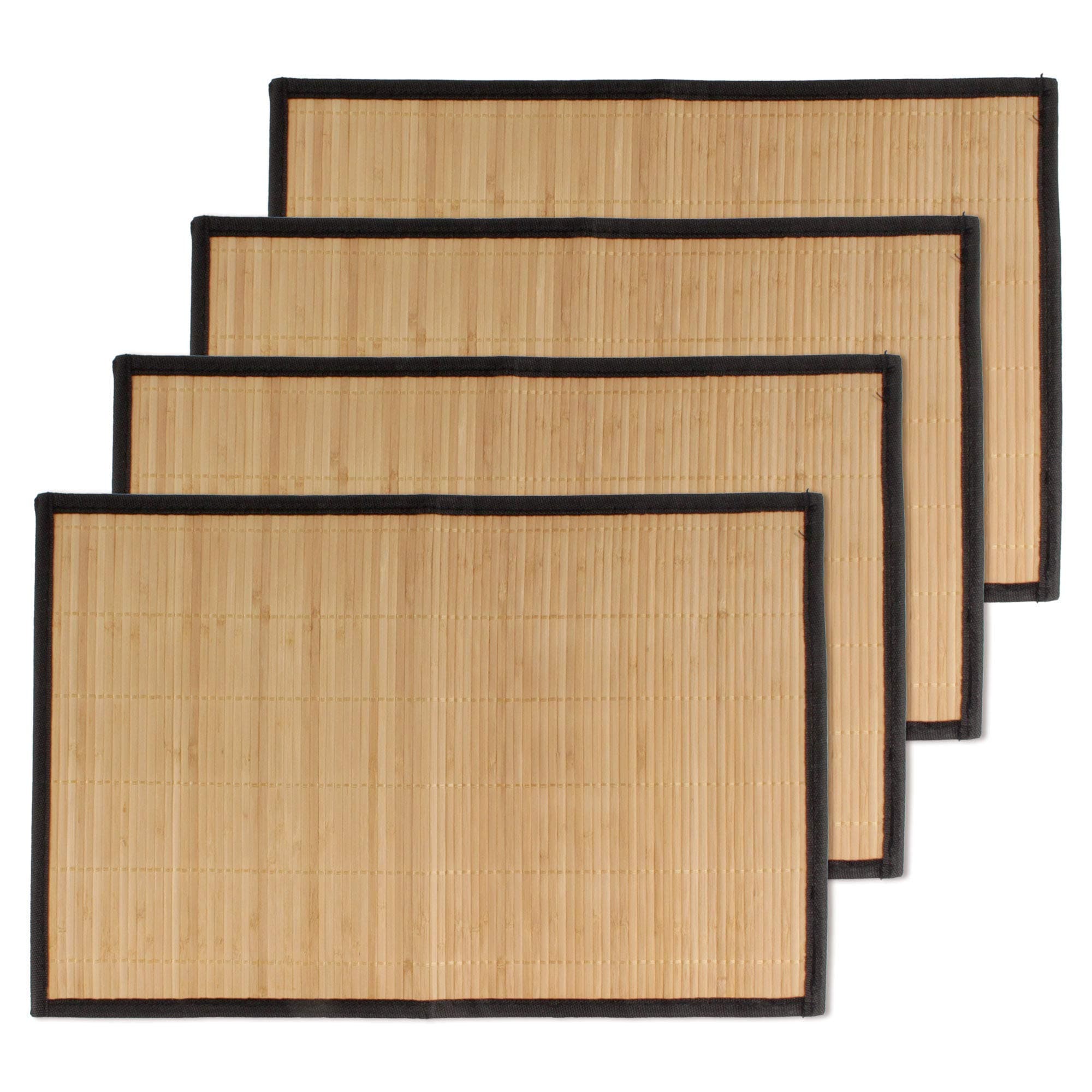 BambooMN Bamboo Slats Placemat with Fabric Border - Solid Colour Print - 17.5" x 12" - Brown with Black Border, 4 pcs