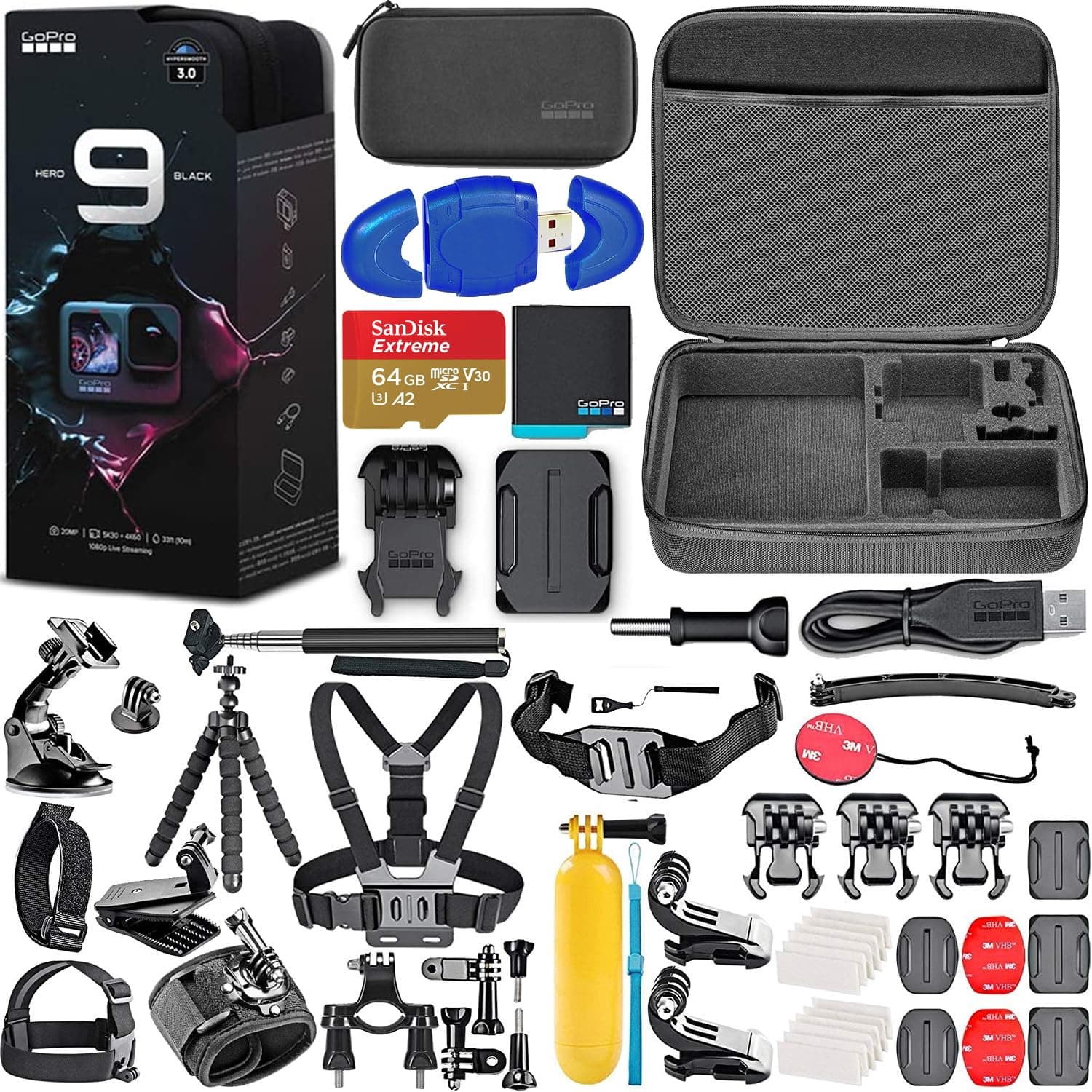 GoPro HERO9 Black - Waterproof Action Camera with Front LCD, Touch Rear Screens, 5K, 20MP Photos, 1080p Live Streaming, Stabilization + 64GB Memory, Card Reader + More (58pc Bundle)