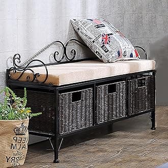 Vintage Storage Bench With ③ Woven Baskets,Tufted Fabric Storage Organizer Bench Seat,Farmhouse Storage Bench Shoe Bench For Entryway Living Room-Black 100x35x58cm(39x14x23inch)