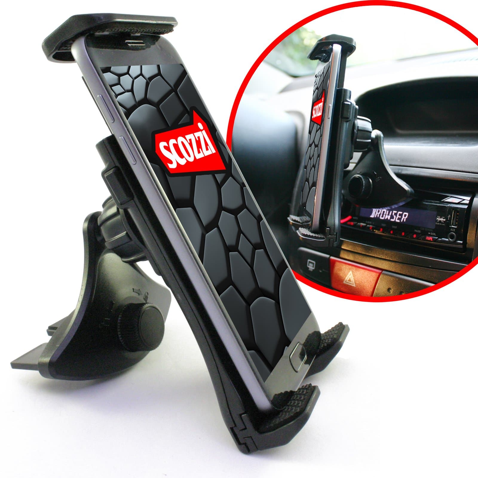 scozzi 360° universal car CD slot holder mount mobile cell phone smartphone (even tablets from 7 - 10.1 inches) black (model: CD Mod:2) (am10)