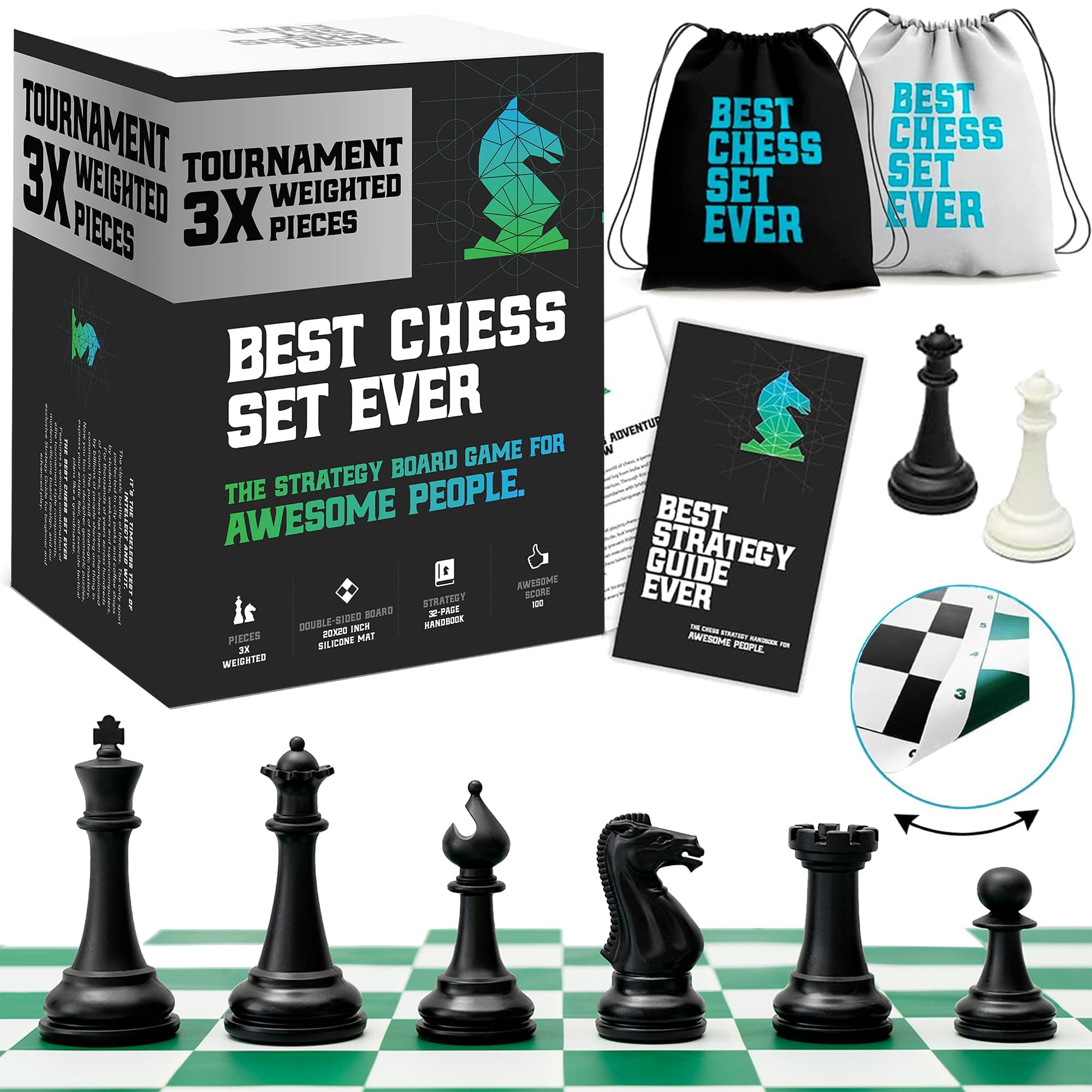 Best Chess Set Ever 3X Triple Weighted Tournament Size Chess Game (4" King) Large Staunton Modern Pieces, 20x20 Big Double-Sided, Roll Up Silicone Mat, Professional Chess Board Set for Adults & Kids