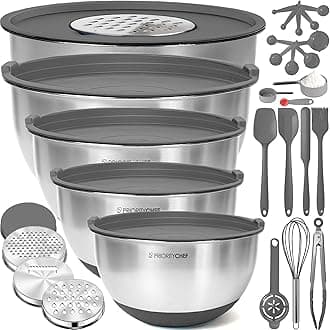 Priority Chef Stainless Steel Mixing Bowls with Lids Set, Metal Nesting Bowls with Airtight Lids, Graters, Non-Slip Base & Measurement Marks, Includes Utensil Set for Prep, Baking & Storage, Grey
