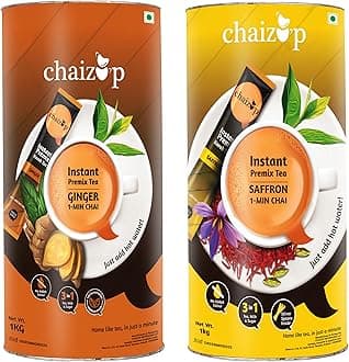Chaizup Premium 1 Min Instant Assorted Tea Pack - 1kg Cans (Pack of 2) | Saffron & Ginger Flavours | Approx. 144 Servings | 2kg