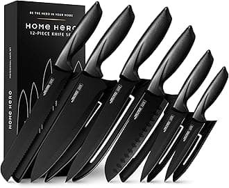 Home Hero High Carbon Stainless Steel Knife Set - Chef Knife Set Precision Slicing & Versatility - Nonstick Ceramic Coated Blades & Easy Cleaning - Ergonomic Handles & Secure Grip - 12-Piece, Black