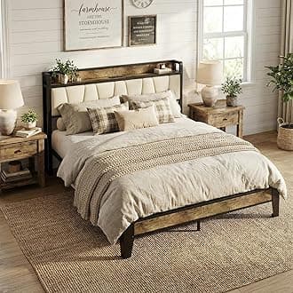 LIKIMIO Queen Bed Frame, Storage Headboard with Charging Station, Solid and Stable, Noise Free, No Box Spring Needed, Easy Assembly (Walnut and Beige)