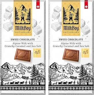 Milkboy Swiss Chocolates Milk Chocolates - Alpine Milk Chocolate Bars with Crunchy Caramel Sea Salt - Gluten-Free Non-GMO All Natural - Made in Switzerland - 3 oz, Pack 2