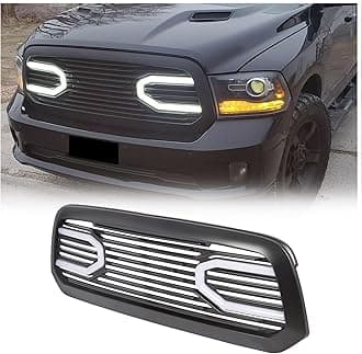HECASA Front Big Horn Grille Replacement Shell Compatible with 2015-2018 Ram 1500 2019-2021 Ram 1500 Classic (W/Light) Black