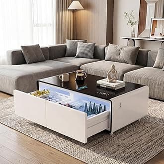 LIVTAB Smart Coffee Table, 27.8" D x 51" W x 18.1" H, Living Room Table with Built in Fridge and Speakers, Smart Table with 15W Wireless Charging, USB Chargers and 110V Outlets (White)