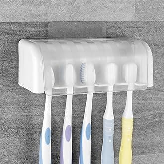 - 5 Slots Wall Mount Toothbrush Holder with Cover, Self Adhesive Toothbrush Storage Organizer for Shower, Toothbrush Hanger for Bathroom, Medicine Cabinet, Dorm