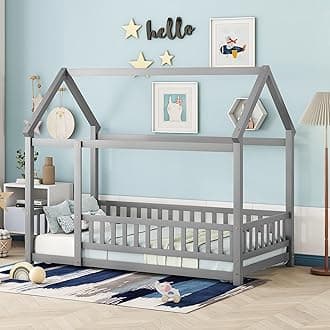 BellemaveTwin Size House Floor Bed Frame,Wooden Montessori Floor Bed with Fence for Kids,Twin Size Kids Bed,Gray