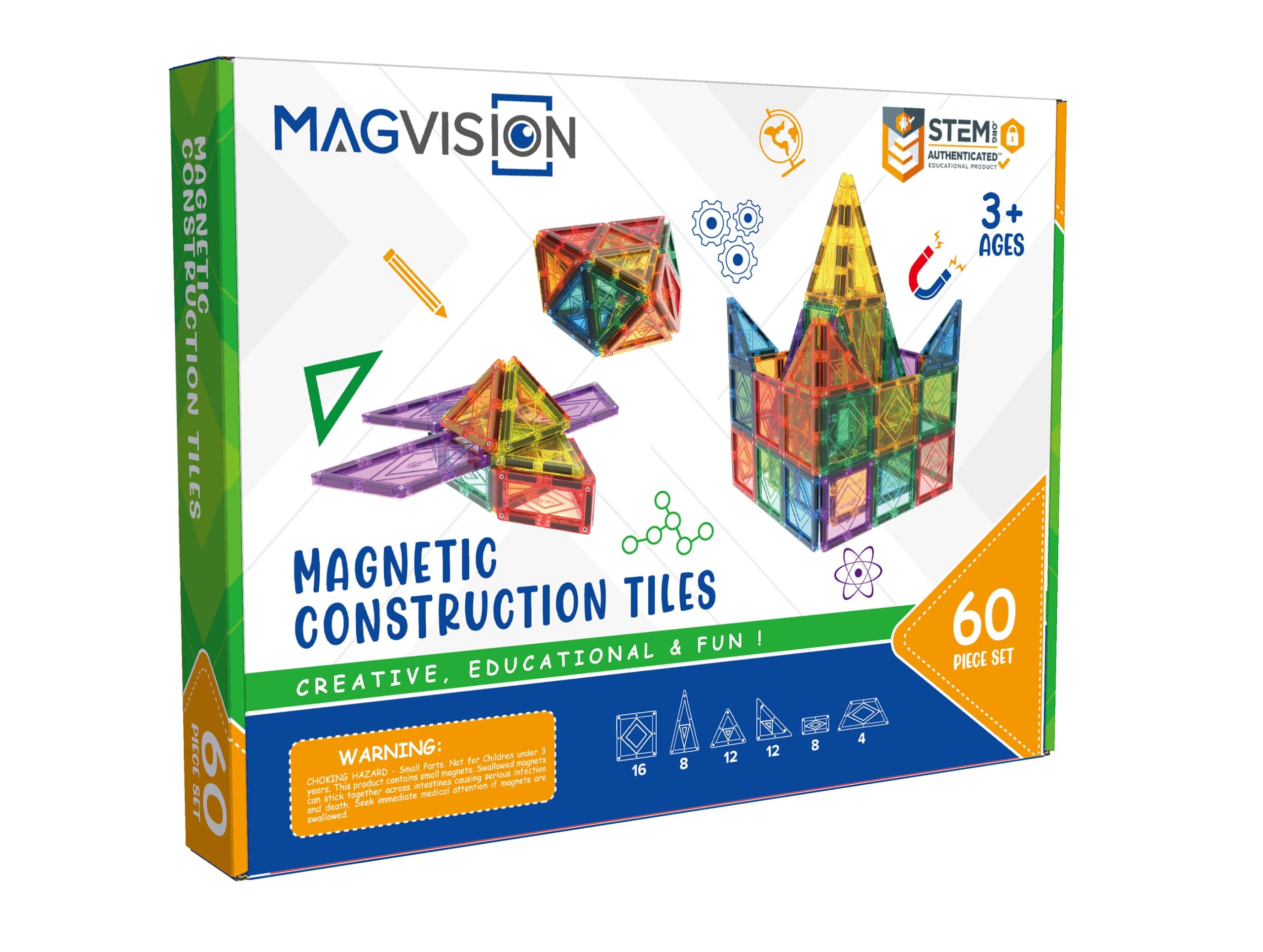 MagVision 60 Piece Magnetic Building Tiles - Creative 3D STEM Construction Playing Blocks 60pcs