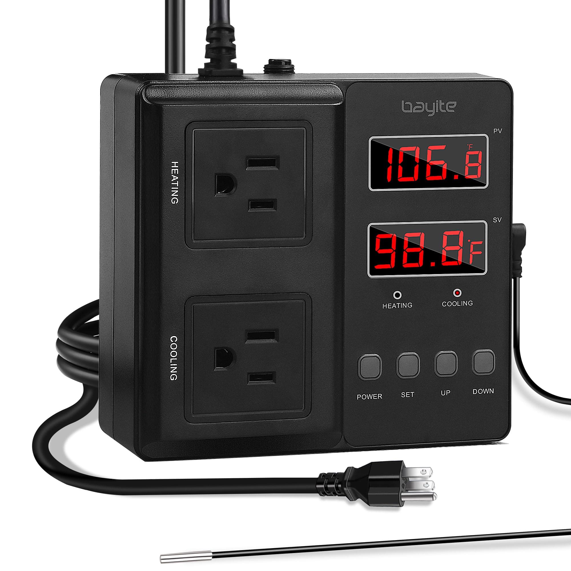 bayite Temperature Controller 1650W 15A BTC211 Dual Digital Outlet Thermostat Plug, Pre-Wired, 2 Stage Heating and Cooling Mode, 110V - 240V, Fermentation BBQ Reptile Aquarium