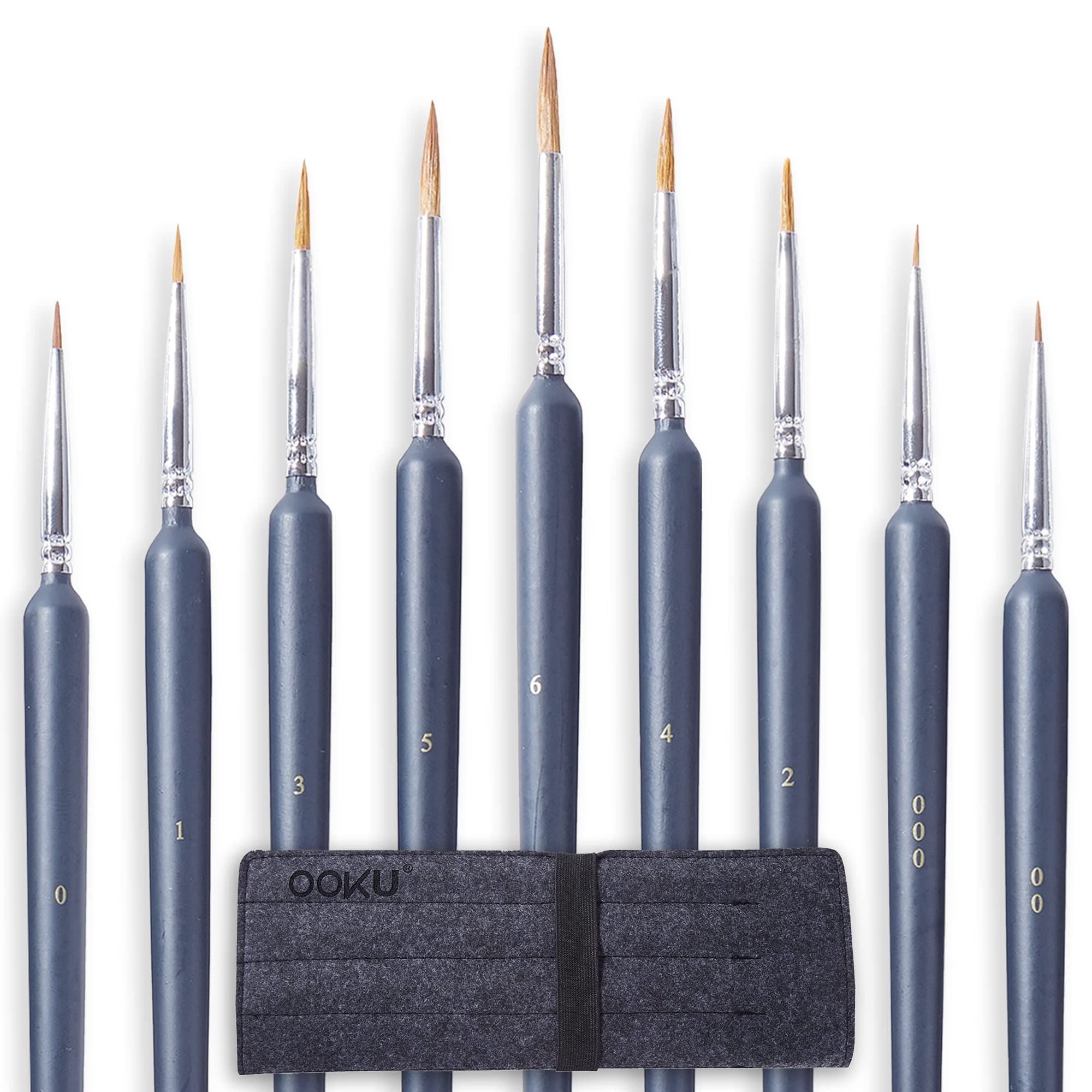 OOKU Detail Paint Brush Set 9 Pc - Professional Tiny Miniature Paint Brushes for Face Painting, Detailing, Model Paint Brushes, Paint by Number | Fine Detail Brushes w/Wooden Handle and Wool Pouch