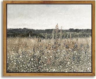InSimSea Framed Canvas Wall Art Vintage Meadow With Flowers Painting, Landscape Prints for Living Room Bedroom Home Bathroom Decor, 8"x10"