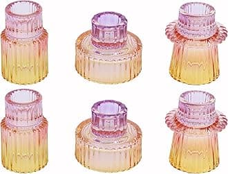 Taper Glass Candlestick Holders Tealight Candle Holders for Table Centerpieces, Wedding Decor and Dinner Party (6 Pcs, Purple-Pink-Yellow)