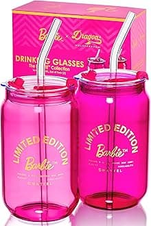 x Barbie Drinking Glasses - Pink and Magenta - 16 oz Can Shaped Glass Cups with Lids and Straws Set of 2 - Iced Coffee Cups with Lids - Glass Tumbler with Straw and Lid