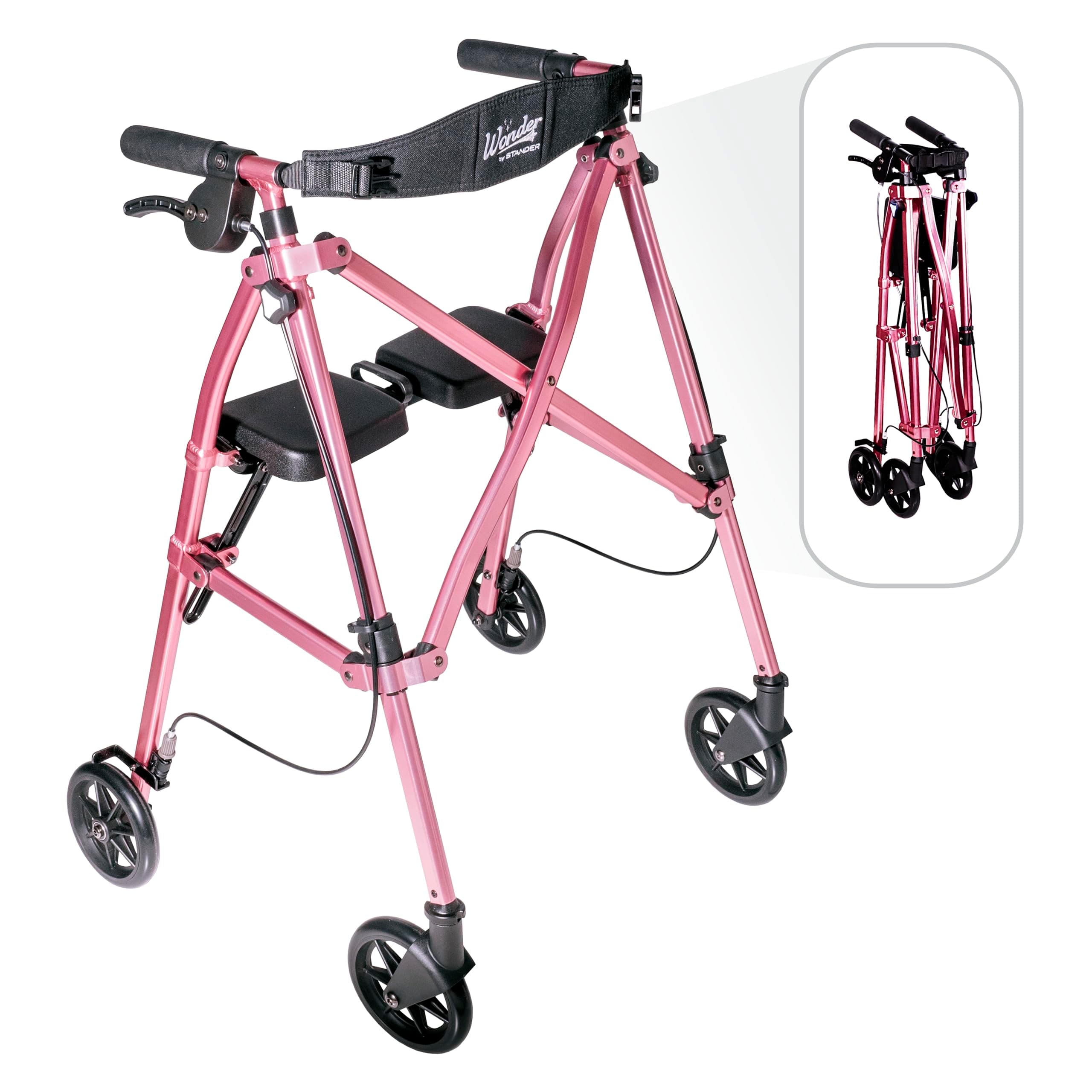 Able Life Comfortably Independent Space Saver Rollator, Lightweight Folding Mobility Rolling Walker for Seniors and Adults, 6-inch Wheels, Locking Brakes, and Padded Seat with Backrest, Regal Rose