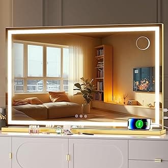 Hasipu Vanity Mirror with Lights, 32" x 20" LED Makeup Mirror, Lighted Makeup Mirror with Dimmable 3 Modes, Touch Screen Control Vanity Mirror Square Gold