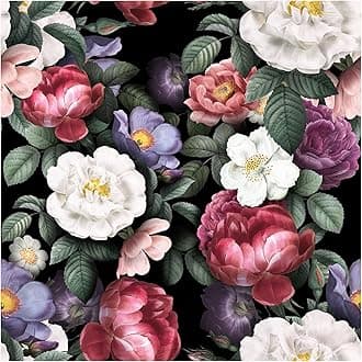 HAOKHOMEFloral Peel and Stick Wallpaper Removable Vintage Wall Paper Black/Green/Pink Vinyl Self Adhesive Wall Mural 17.7in x 9.8ft