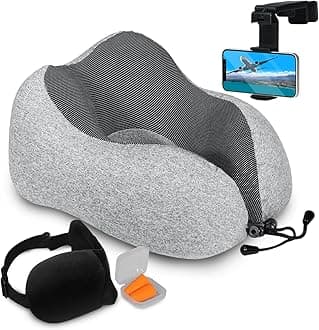 Homeify Airplane Neck Pillow Includes Travel Pillow + Airplane Phone Holder Mount + Eye Masks + Earplugs for Travel, 100% Pure Memory Foam Travel Pillow, 4 Pc Travel Kit, 2 Pack