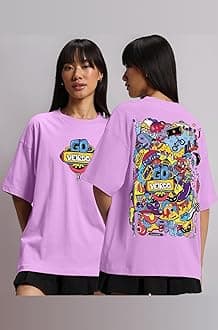 Veirdo® Pure Cotton Round Neck Oversized Baggy Fit Latest Stylish Front & Back Graphic Printed Half Sleeve Boyfriend T-Shirt for Women (Color Options- Black, Orange, Royal Blue & Lilac)