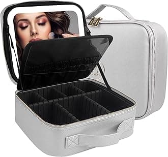 Makeup Bag with Mirror and Light Travel Makeup Train Case Cosmetic Bag Organizer Portable Artist Storage Bag with Adjustable Dividers Makeup Brushes Storage Organizer Silver