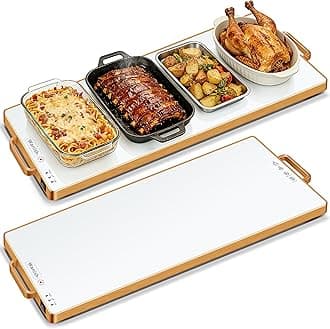 Electric Warming Tray (L 32”x12”),Food Warmers for Parties Buffet with Thermostat&Full Surface Heating,Tempered Glass Warming Mat for Food, Temperature Adjustable Gold Handles Food Warming Mat,White