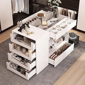 Hitow Display Cabinet Island with Glass Top and Front, Walk in Closet Organizer with 7 Drawers and 2-Tier Shelf, Shop Display Case, Walk in Wardrobe Furniture, Living Room Storage, White