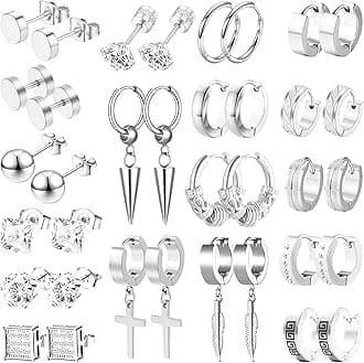 Earrings for Men, 18 Pairs Mens Earrings Hoop Black Gold Silver Earrings for Men Stainless Steel Stud Cross Dangle Hoop Earrings Set Fashion Piercing Jewelry